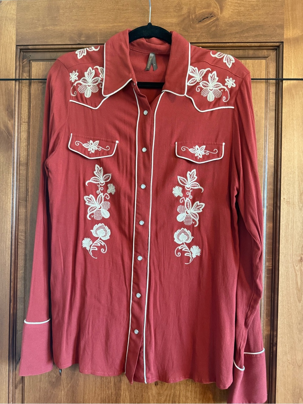 Embroidered Western Shirt - Rust Red with White Piping